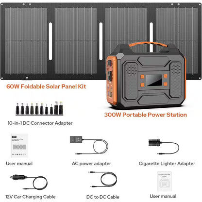 300-Watt Portable Solar Generator W/ Foldable 60-Watt Monocrystalline Solar Panel and 280Wh for Camping, RV, Outdoor Use