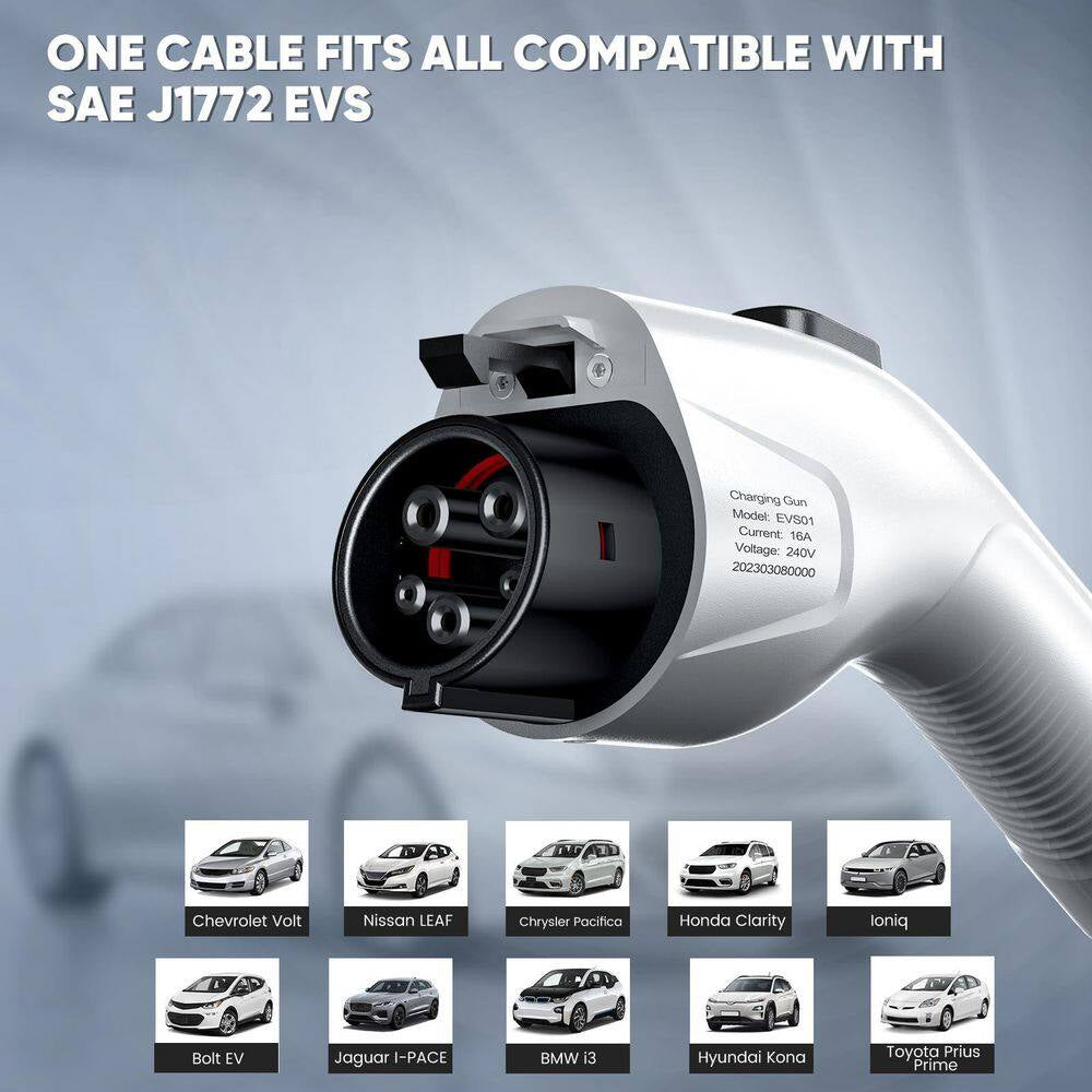 20 Ft 110-240-Volt Portable Electric Car Charger Level 1 2 16A Adjustable Plug-In Hybrid EV LCD Screen