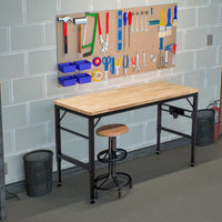 Adjustable Height Workbench, 60" Rubber Wood Top Heavy Duty Workstation with Power Outlets, Hardwood Worktable