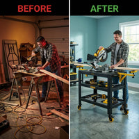 5 in 1 Multi Function Workbench for Miter Saws, Scaffolding, Work Bench, Utility Cart, Storage Rack, and Work Platform, Black and Yellow, Model S-IB1TM0 — Before & After