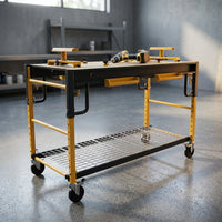 5 in 1 Multi Function Workbench for Miter Saws, Scaffolding, Work Bench, Utility Cart, Storage Rack, and Work Platform, Black and Yellow, Model S-IB1TM0 — Studio Shot