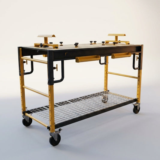 5 in 1 Multi Function Workbench for Miter Saws, Scaffolding, Work Bench, Utility Cart, Storage Rack, and Work Platform, Black and Yellow, Model S-IB1TM0 — Studio Shot