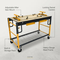 5 in 1 Multi Function Workbench for Miter Saws, Scaffolding, Work Bench, Utility Cart, Storage Rack, and Work Platform, Black and Yellow, Model S-IB1TM0 — infographic