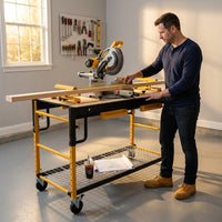 5 in 1 Multi Function Workbench for Miter Saws, Scaffolding, Work Bench, Utility Cart, Storage Rack, and Work Platform, Black and Yellow, Model S-IB1TM0 — Lifestyle