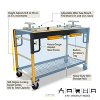 5 in 1 Multi Function Workbench for Miter Saws, Scaffolding, Work Bench, Utility Cart, Storage Rack, and Work Platform, Black and Yellow, Model S-IB1TM0 — How It Works