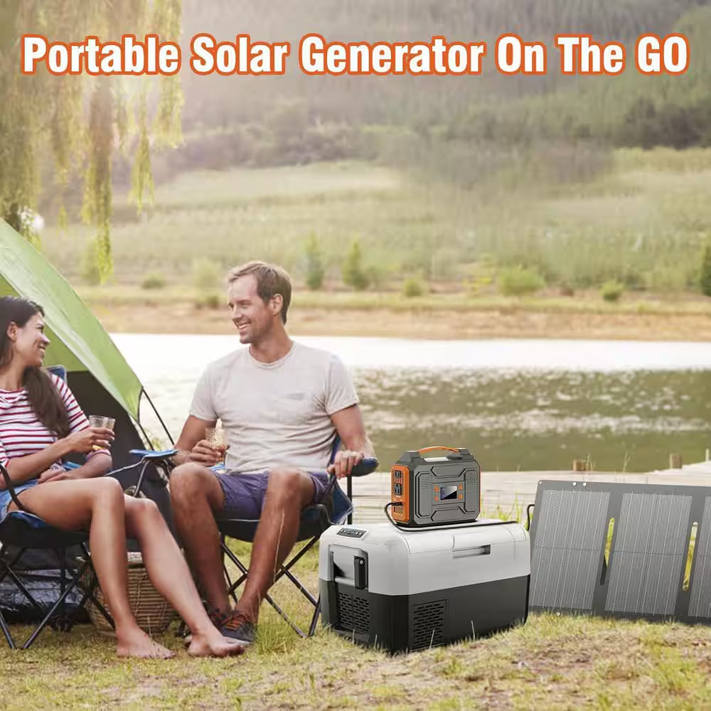 300-Watt Portable Solar Generator W/ Foldable 60-Watt Monocrystalline Solar Panel and 280Wh for Camping, RV, Outdoor Use