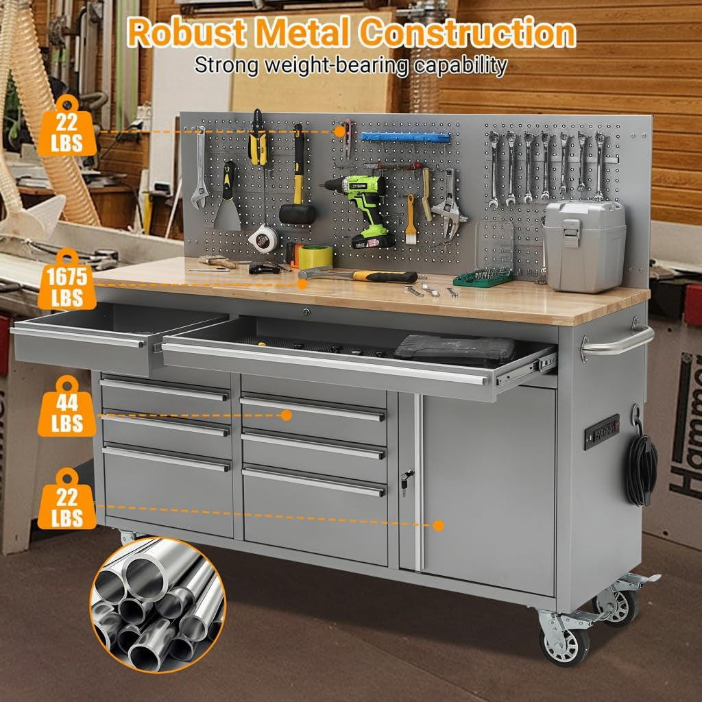 61-Inch Rolling Tool Chest, 10 Drawers Garage Workbench Storage Tool Cabinet with Power Strip, Solid Rubber Wood Top, 1675 LBS Load Mobile Workstation, Heavy Duty Rolling Cabinet, Silver