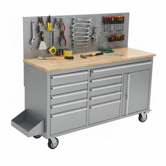 61-Inch Rolling Tool Chest, 10 Drawers Garage Workbench Storage Tool Cabinet with Power Strip, Solid Rubber Wood Top, 1675 LBS Load Mobile Workstation, Heavy Duty Rolling Cabinet, Silver