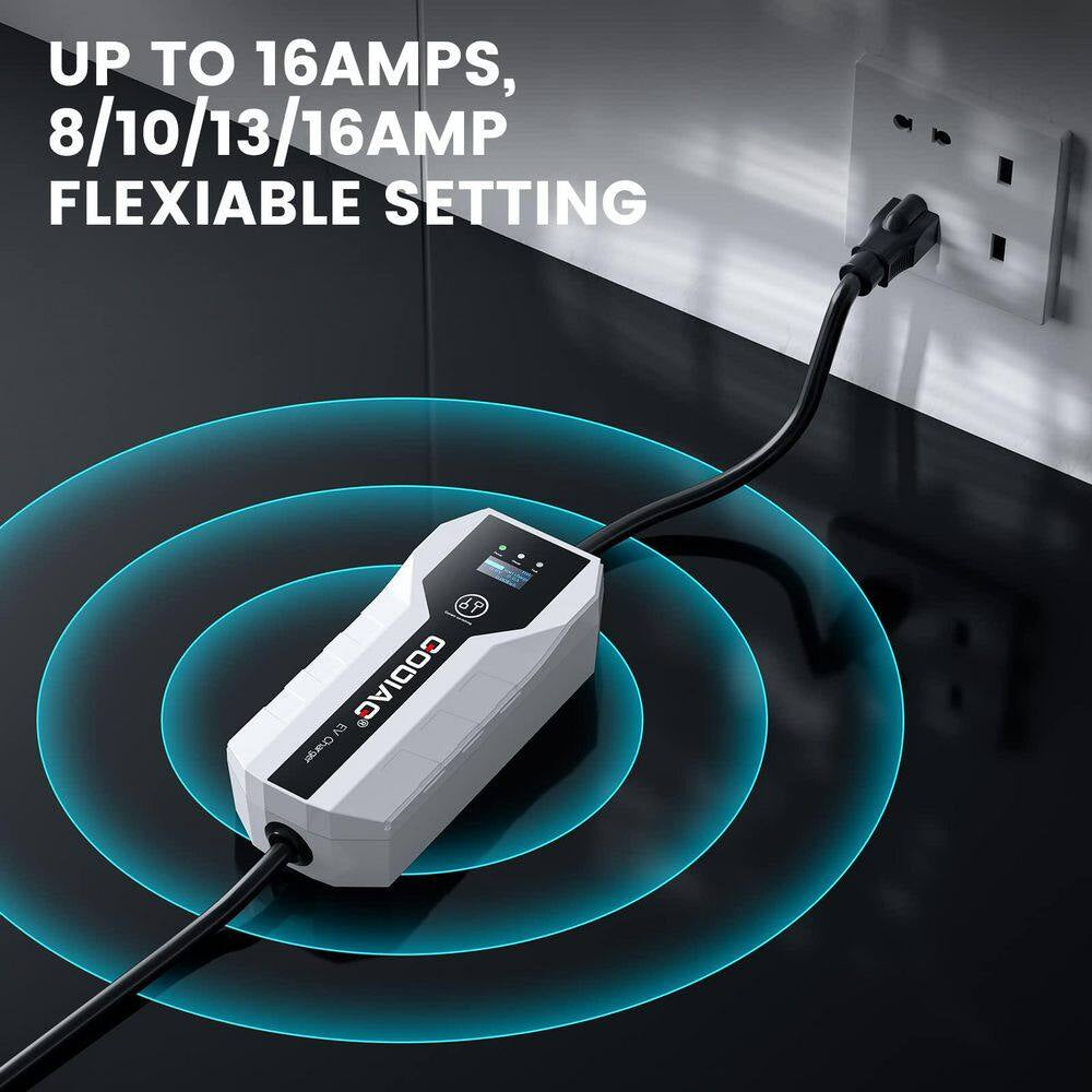 20 Ft 110-240-Volt Portable Electric Car Charger Level 1 2 16A Adjustable Plug-In Hybrid EV LCD Screen
