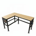64" Heavy Duty L-Shaped Workbench with Outlets & Pegboard, Wood | 2000 LBS Load Capacity Adjustable Height Work Table for Garage & Workshop, Matte Black Metal Frame Corner Desk for Crafting