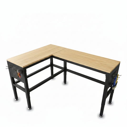 64" Heavy Duty L-Shaped Workbench with Outlets & Pegboard, Wood | 2000 LBS Load Capacity Adjustable Height Work Table for Garage & Workshop, Matte Black Metal Frame Corner Desk for Crafting
