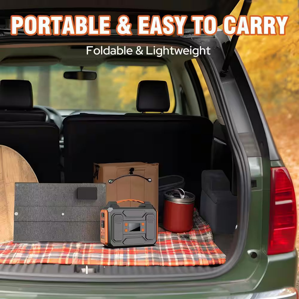 300-Watt Portable Solar Generator W/ Foldable 60-Watt Monocrystalline Solar Panel and 280Wh for Camping, RV, Outdoor Use