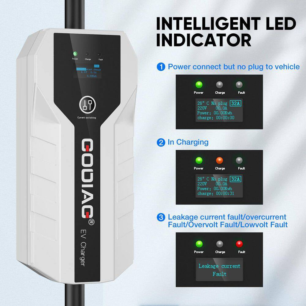 20 Ft 110-240-Volt Portable Electric Car Charger Level 1 2 16A Adjustable Plug-In Hybrid EV LCD Screen