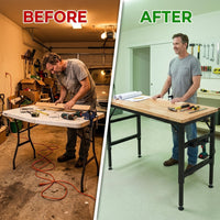 Adjustable Height Workbench, 60" Rubber Wood Top Heavy Duty Workstation with Power Outlets, Hardwood Worktable — Before & After