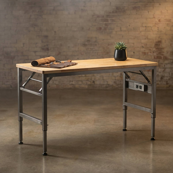 Adjustable Height Workbench Built for Heavy Duty Projects, 60-Inch Rubber Wood Top, Steel Legs, Power Outlets