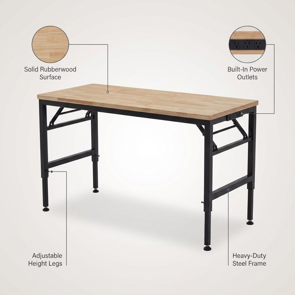 Adjustable Height Workbench, 60" Rubber Wood Top Heavy Duty Workstation with Power Outlets, Hardwood Worktable — infographic