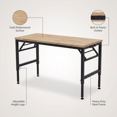Adjustable Height Workbench Built for Heavy Duty Projects, 60-Inch Rubber Wood Top, Steel Legs, Power Outlets
