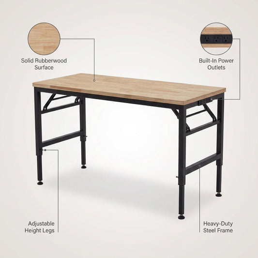 Adjustable Height Workbench, 60" Rubber Wood Top Heavy Duty Workstation with Power Outlets, Hardwood Worktable — infographic