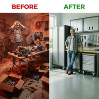 Garage Cabinet System | Heavy Duty Steel All-In-One Modular Garage Cabinet Set for Ultimate Workshop Organization | Easy Assembly Garage Storage Cabinets & Tool Bench — Before & After