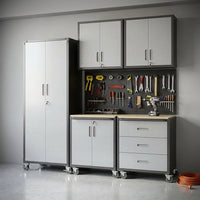Garage Cabinet System | Heavy Duty Steel All-In-One Modular Garage Cabinet Set for Ultimate Workshop Organization | Easy Assembly Garage Storage Cabinets & Tool Bench — Studio Shot