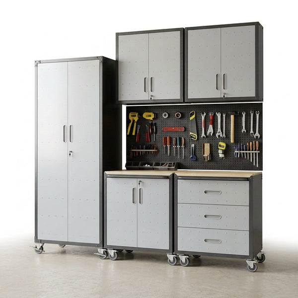 Garage Cabinet System | Heavy Duty Steel All-In-One Modular Garage Cabinet Set for Ultimate Workshop Organization | Easy Assembly Garage Storage Cabinets & Tool Bench — Studio Shot