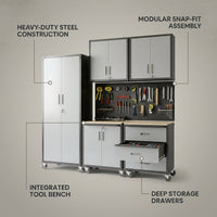 Garage Cabinet System | Heavy Duty Steel All-In-One Modular Garage Cabinet Set for Ultimate Workshop Organization | Easy Assembly Garage Storage Cabinets & Tool Bench — infographic