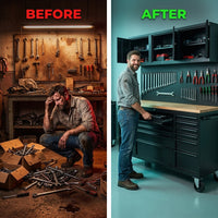 Rolling Tool Chest Built for Workshop Organization, 15 Drawers, Pegboard, 3 Upper Cabinets, 72 Inch Width — Before & After