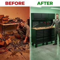 Rolling Tool Chest Built for Workshop Organization, 15 Drawers, Pegboard, 3 Upper Cabinets, 72 Inch Width — Before & After
