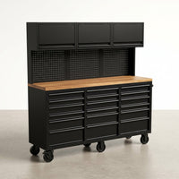 Rolling Tool Chest Built for Workshop Organization, 15 Drawers, Pegboard, 3 Upper Cabinets, 72 Inch Width — Studio Shot