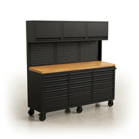 Rolling Tool Chest Built for Workshop Organization, 15 Drawers, Pegboard, 3 Upper Cabinets, 72 Inch Width — Studio Shot