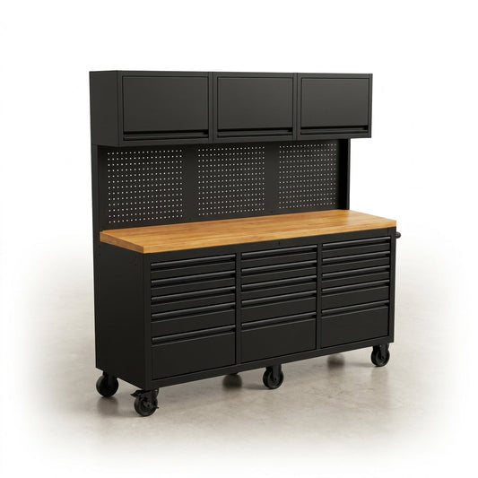 Rolling Tool Chest Built for Workshop Organization, 15 Drawers, Pegboard, 3 Upper Cabinets, 72 Inch Width — Studio Shot