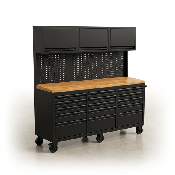 Rolling Tool Chest Built for Workshop Organization, 15 Drawers, Pegboard, 3 Upper Cabinets, 72 Inch Width — Studio Shot