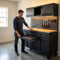 Rolling Tool Chest Built for Workshop Organization, 15 Drawers, Pegboard, 3 Upper Cabinets, 72 Inch Width — Lifestyle