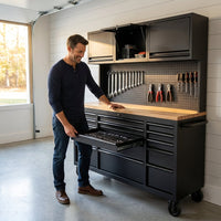 Rolling Tool Chest Built for Workshop Organization, 15 Drawers, Pegboard, 3 Upper Cabinets, 72 Inch Width — Lifestyle