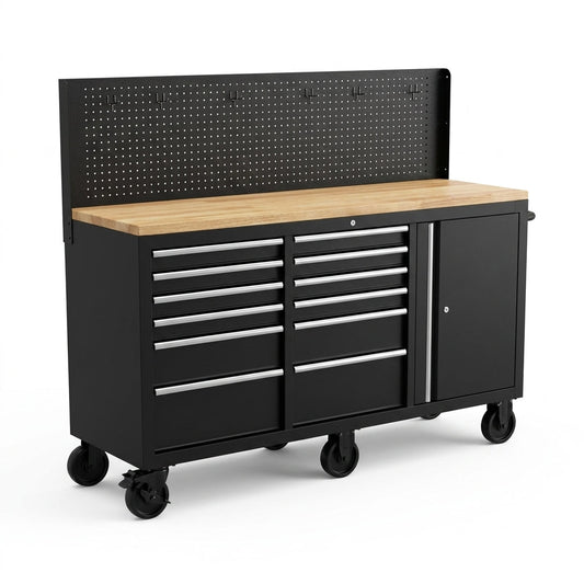 Tool Chest Workbench, 61-Inch Rolling Tool Chest with Wheels, 10 Drawers, Multifunctional Tool Cart Mechanic Tool Storage Cabinet for Garage, Assembled Large Tool Box Storage Cabinet, Black — Studio Shot