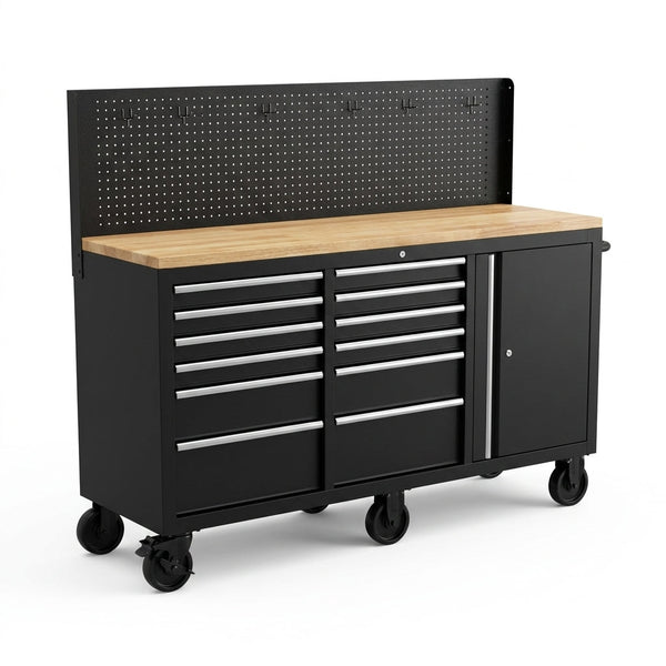 Tool Chest Workbench, 61-Inch Rolling Tool Chest with Wheels, 10 Drawers, Multifunctional Tool Cart Mechanic Tool Storage Cabinet for Garage, Assembled Large Tool Box Storage Cabinet, Black — Studio Shot