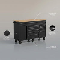 Tool Chest Workbench, 61-Inch Rolling Tool Chest with Wheels, 10 Drawers, Multifunctional Tool Cart Mechanic Tool Storage Cabinet for Garage, Assembled Large Tool Box Storage Cabinet, Black — infographic