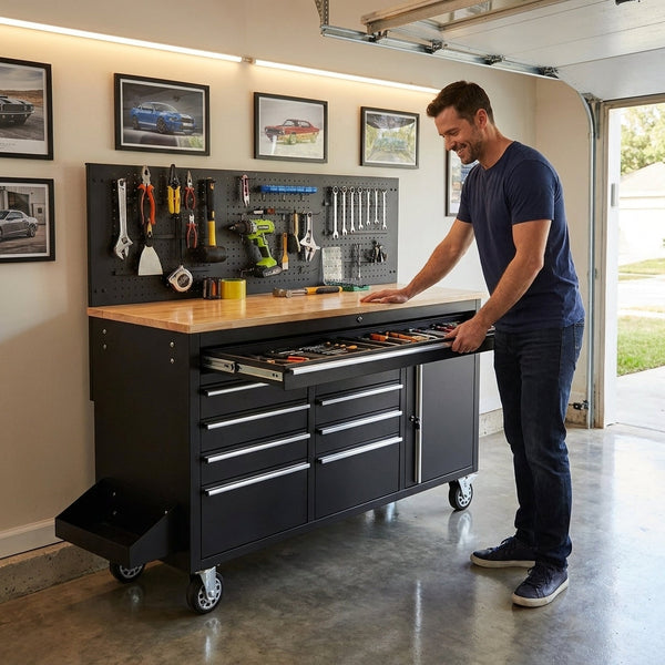 Rolling Tool Chest Workbench Built for Heavy-Duty Storage, 61-Inch Width, 10 Drawers, Stainless Steel Top
