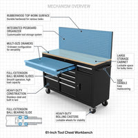 Tool Chest Workbench, 61-Inch Rolling Tool Chest with Wheels, 10 Drawers, Multifunctional Tool Cart Mechanic Tool Storage Cabinet for Garage, Assembled Large Tool Box Storage Cabinet, Black — How It Works