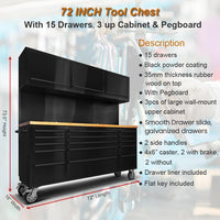 72 Inch 15 Drawers Tool Chest with 3 up Cabinet & Pegboard, Rolling Tool Cabinet with Drawers (Black)