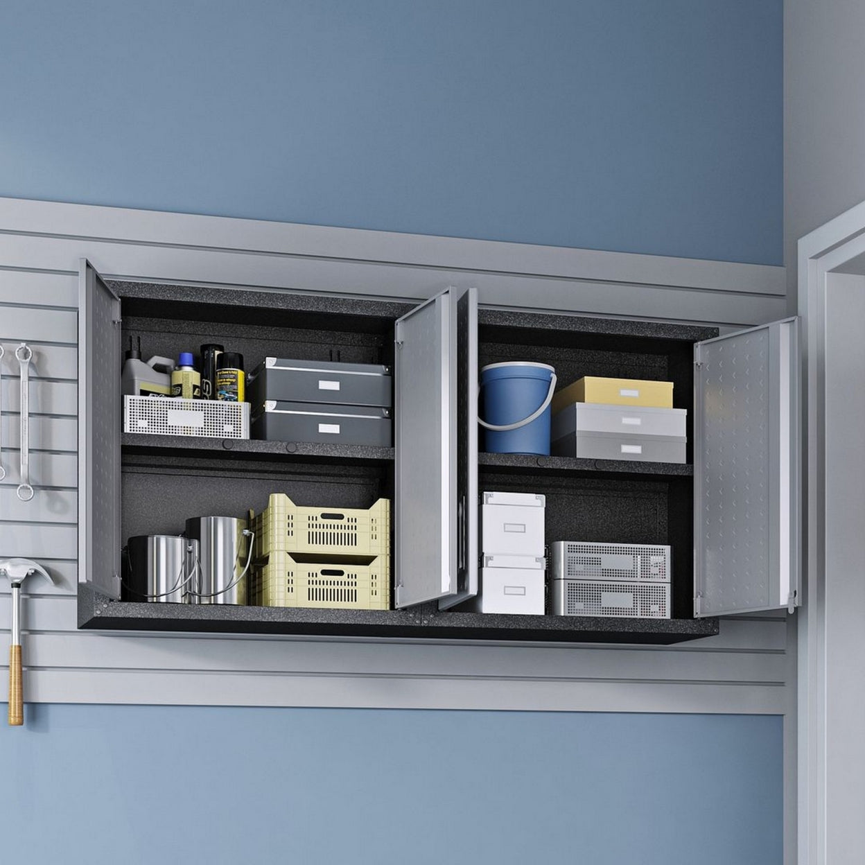 Fortress 30" Floating Textured Metal Garage Cabinet with Adjustable Shelves in Grey - Set of 2