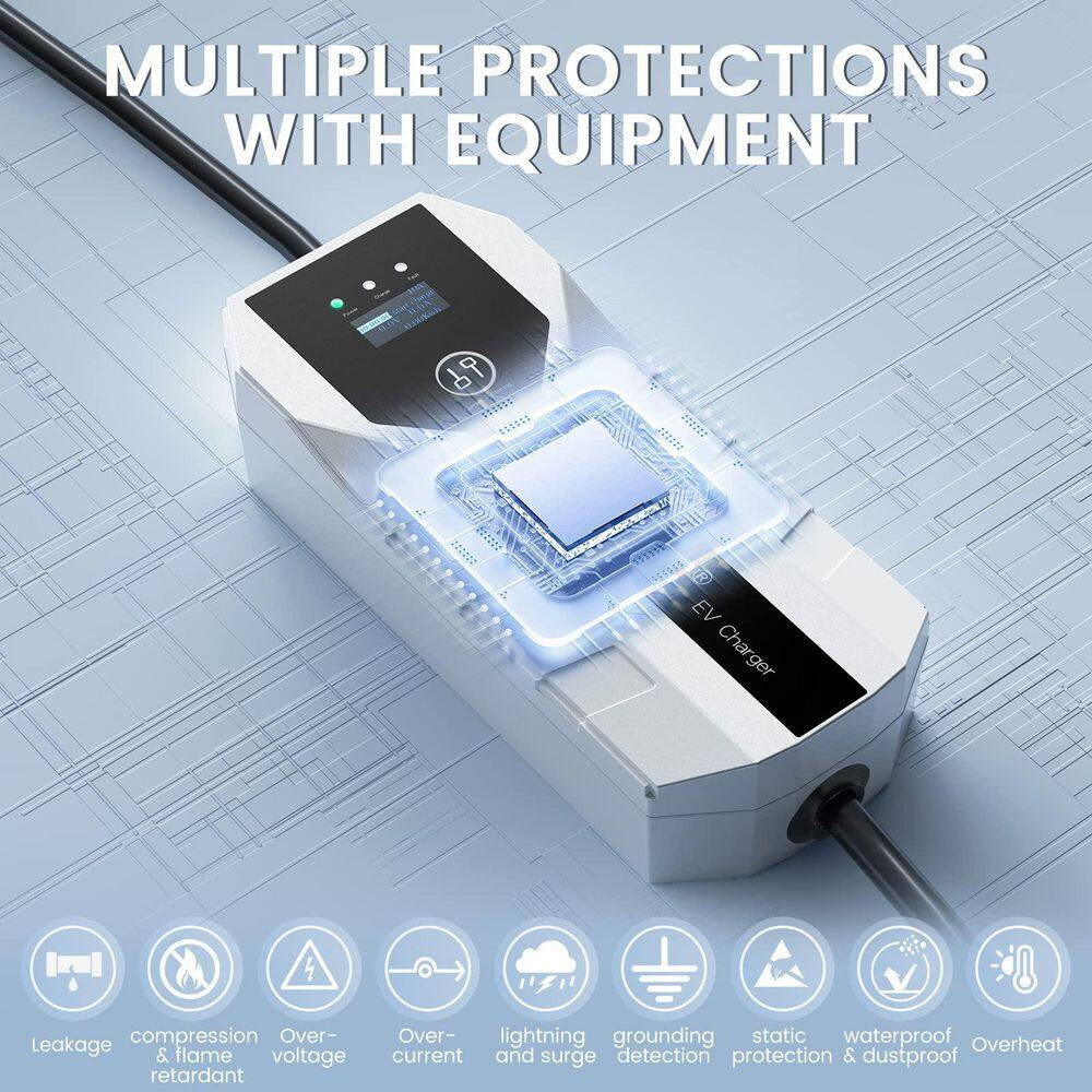 20 Ft 110-240-Volt Portable Electric Car Charger Level 1 2 16A Adjustable Plug-In Hybrid EV LCD Screen